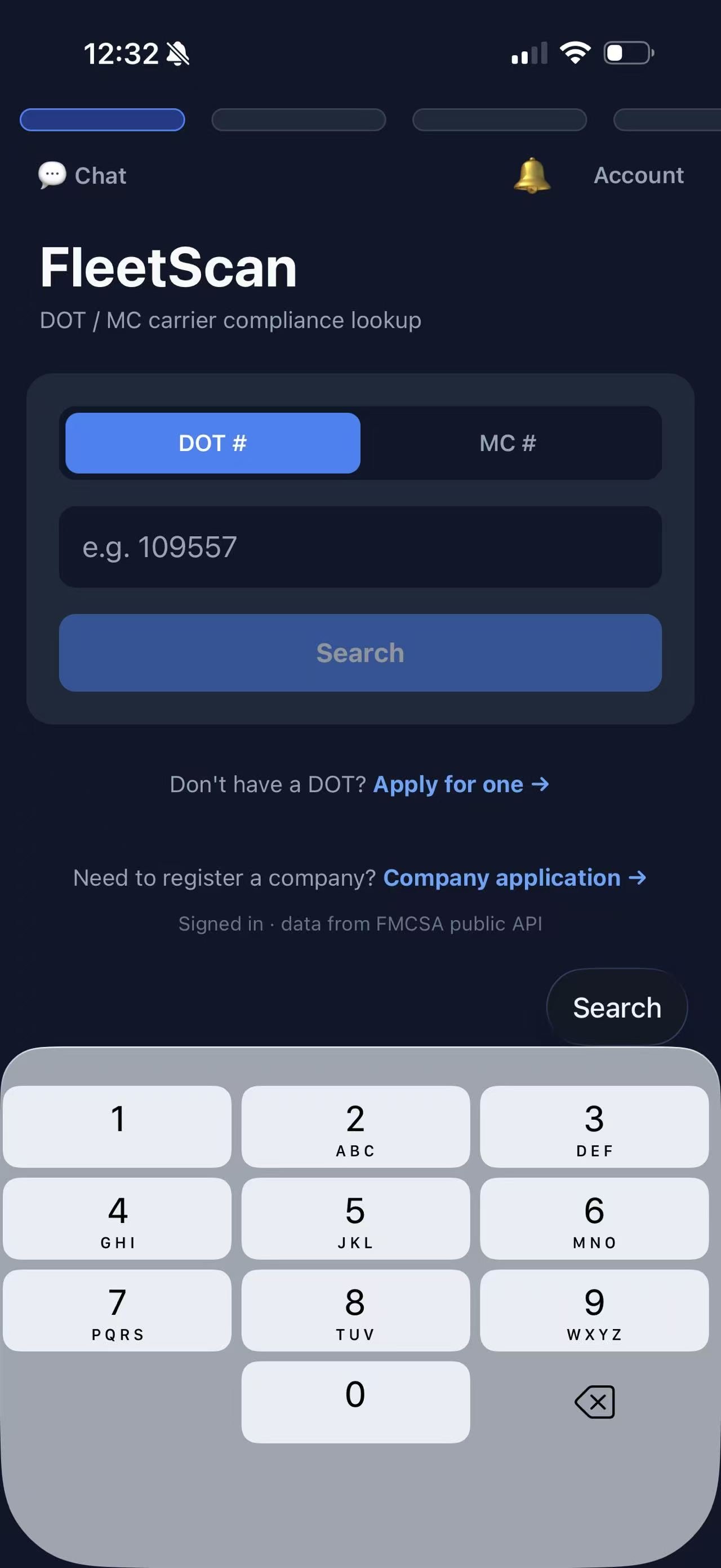 FleetScan home — search by DOT or MC number