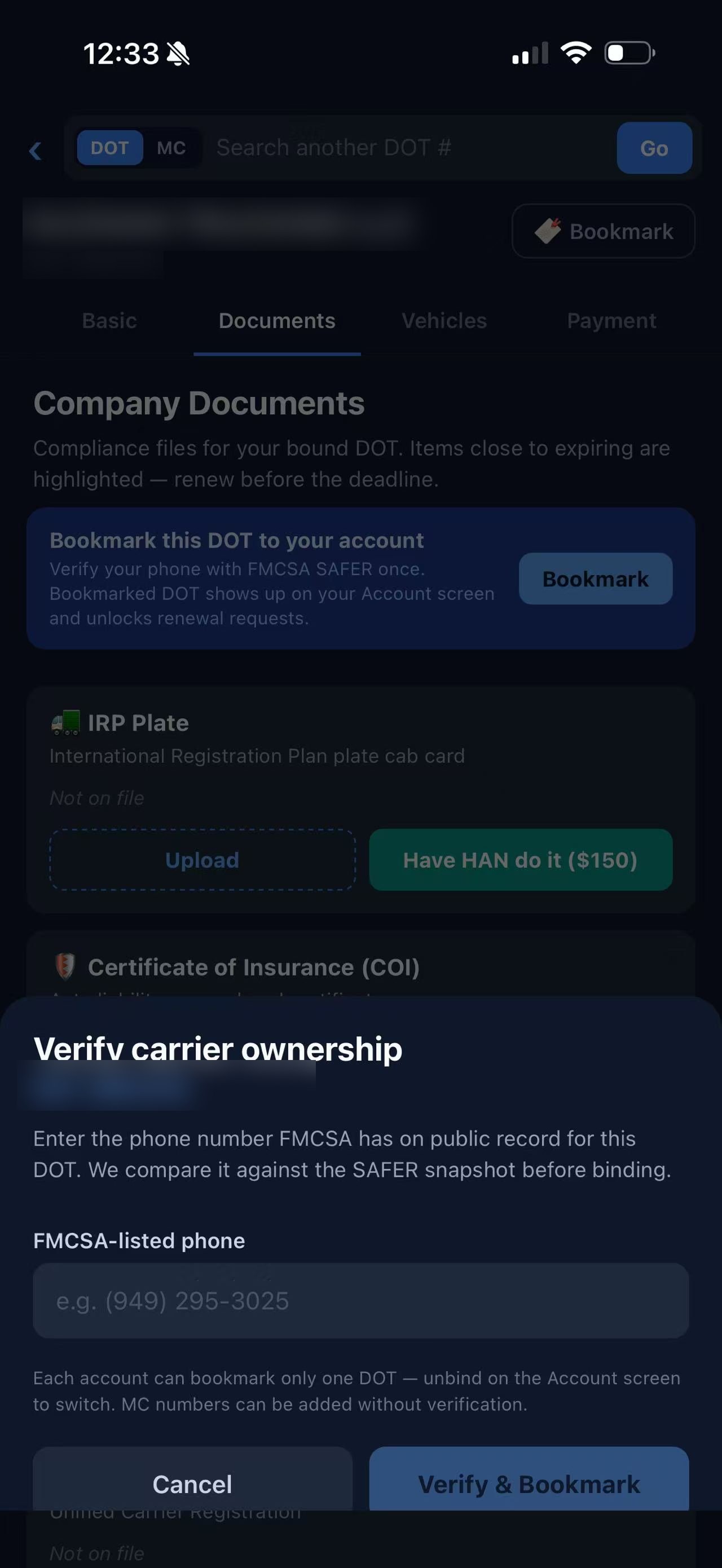 Verify carrier ownership — phone check against FMCSA SAFER snapshot